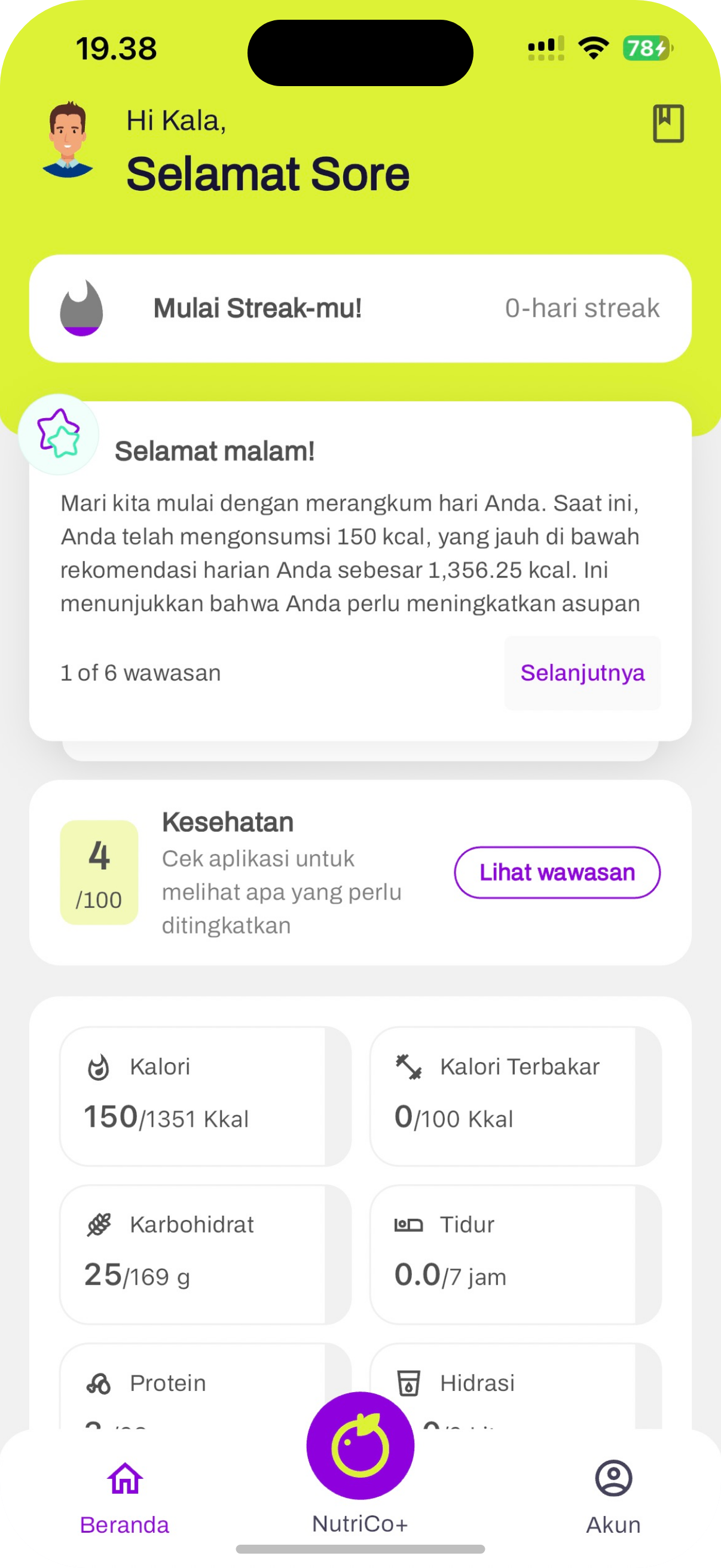 Nutrico+ home dashboard showing a daily health summary with calories, calories burned, carbohydrates, sleep, protein and hydration tiles.