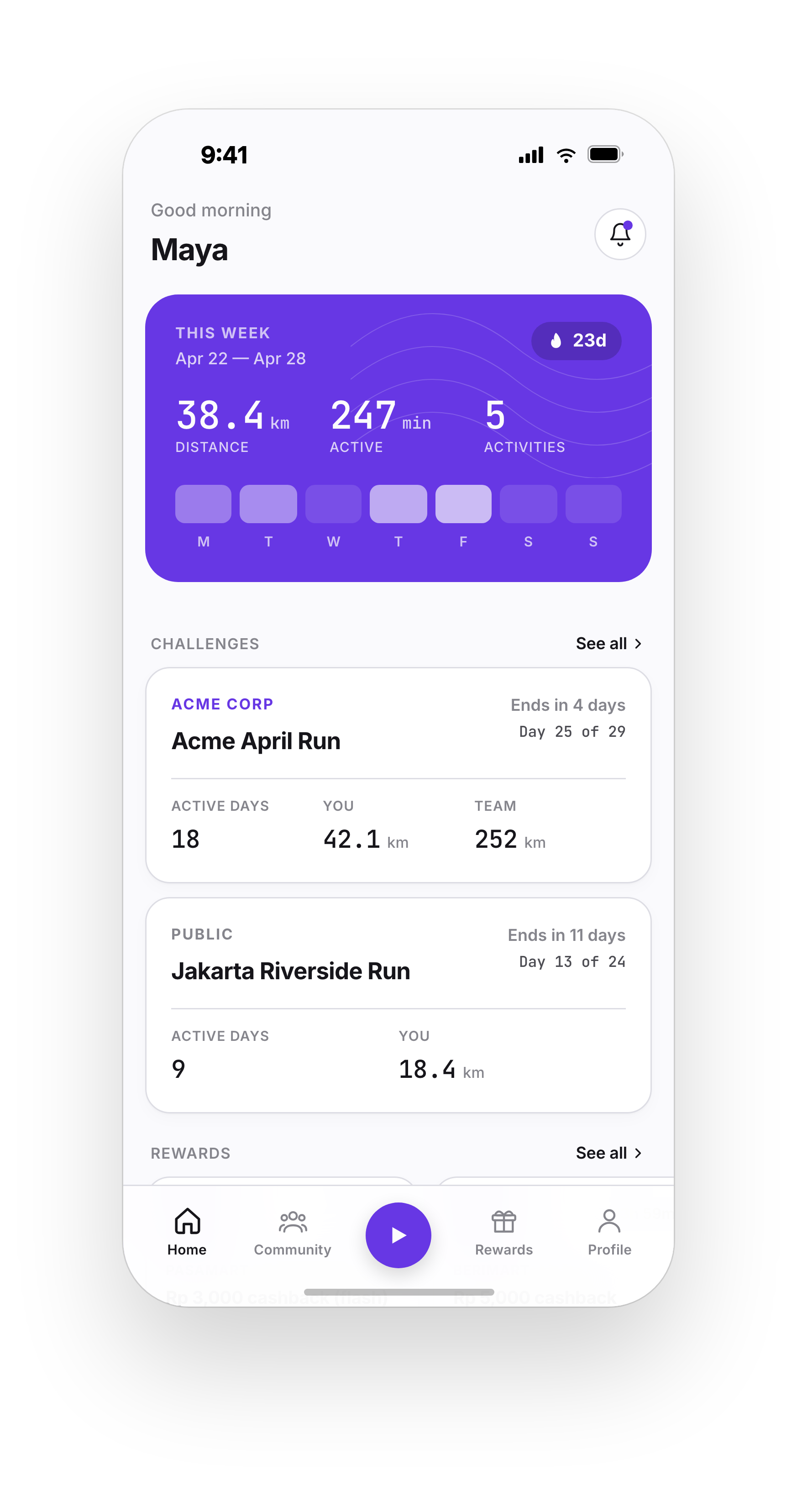 Livewell XP home dashboard with a weekly summary card showing 38.4 km, 247 active minutes and 5 activities, a streak, and the user's active challenges.