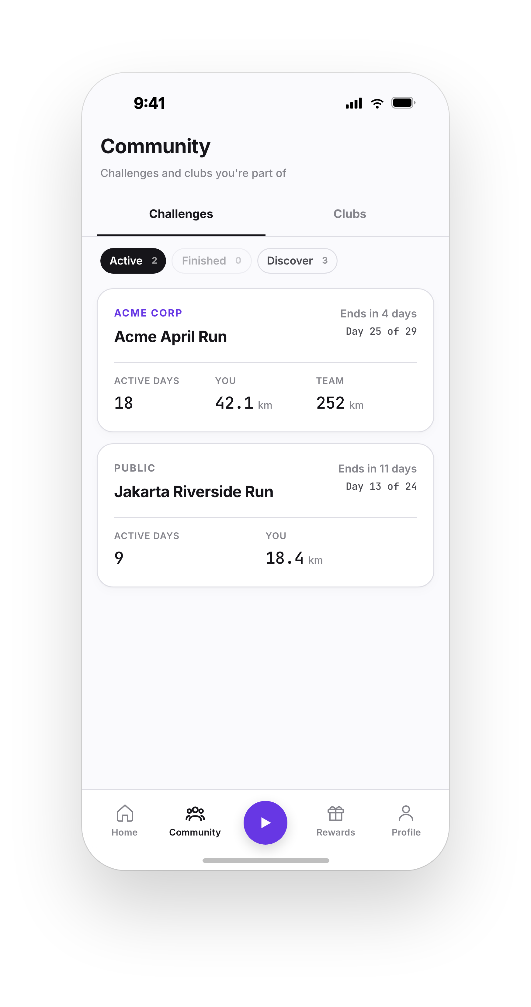 Community Challenges tab listing the corporate Acme April Run and the public Jakarta Riverside Run with active days and team totals.