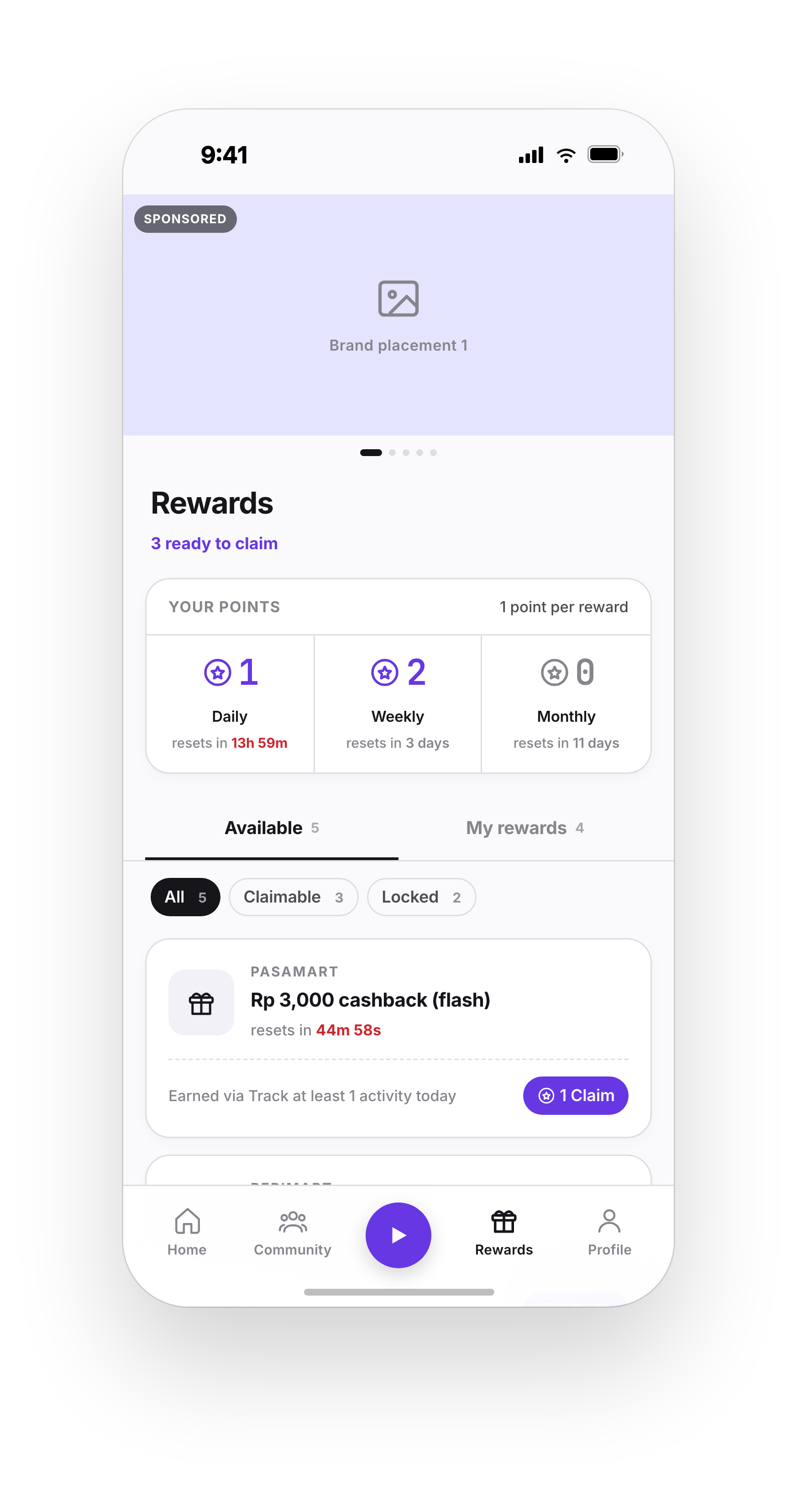 Livewell XP rewards screen showing daily, weekly and monthly points and a claimable Rp 3,000 cashback reward.