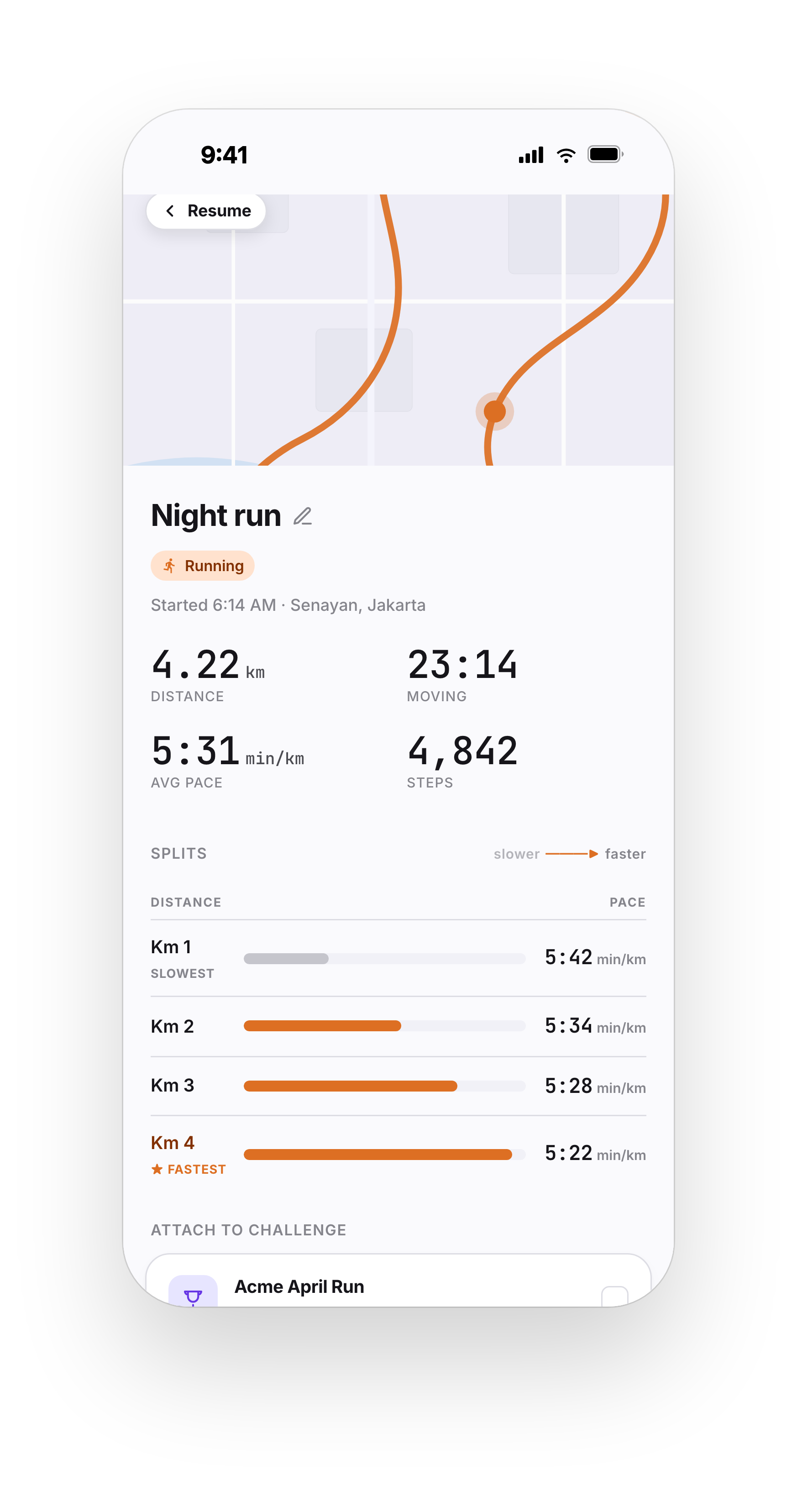 Livewell XP activity summary for a run — distance, moving time, pace and a route map with per-kilometre splits.