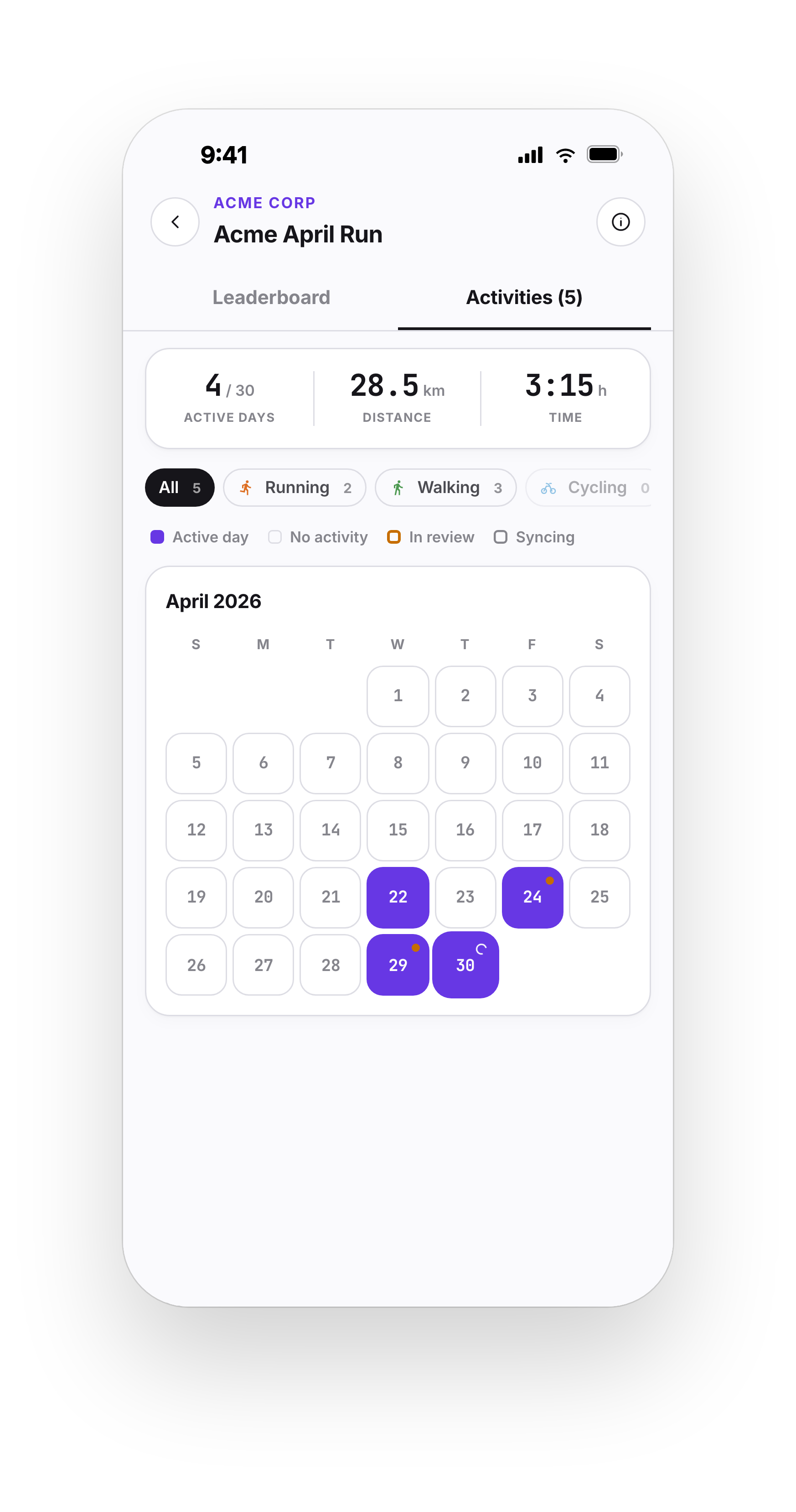 Challenge activities feed showing recorded activities counting toward a challenge.
