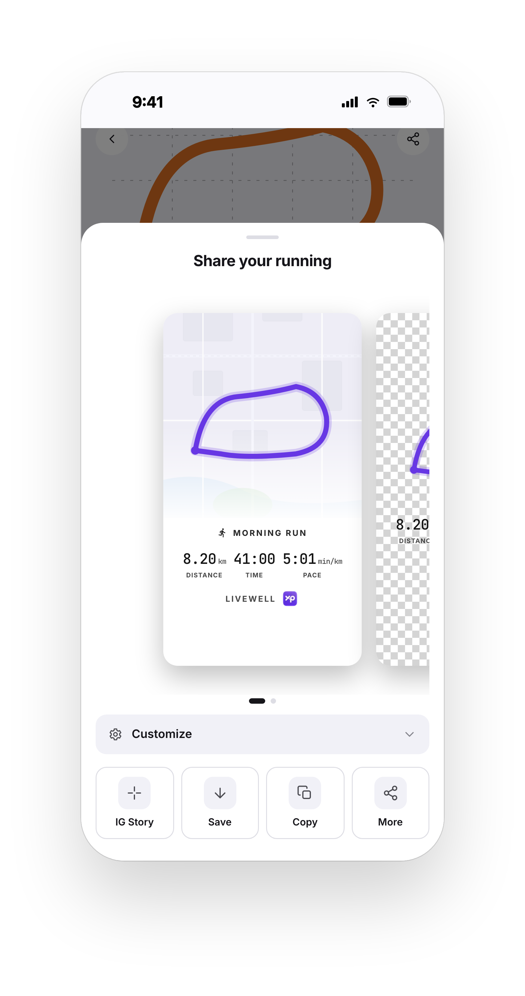 Livewell XP shareable activity card showing a route outline with 8.20 km distance, 41:00 time and 5:01 pace, with share options.